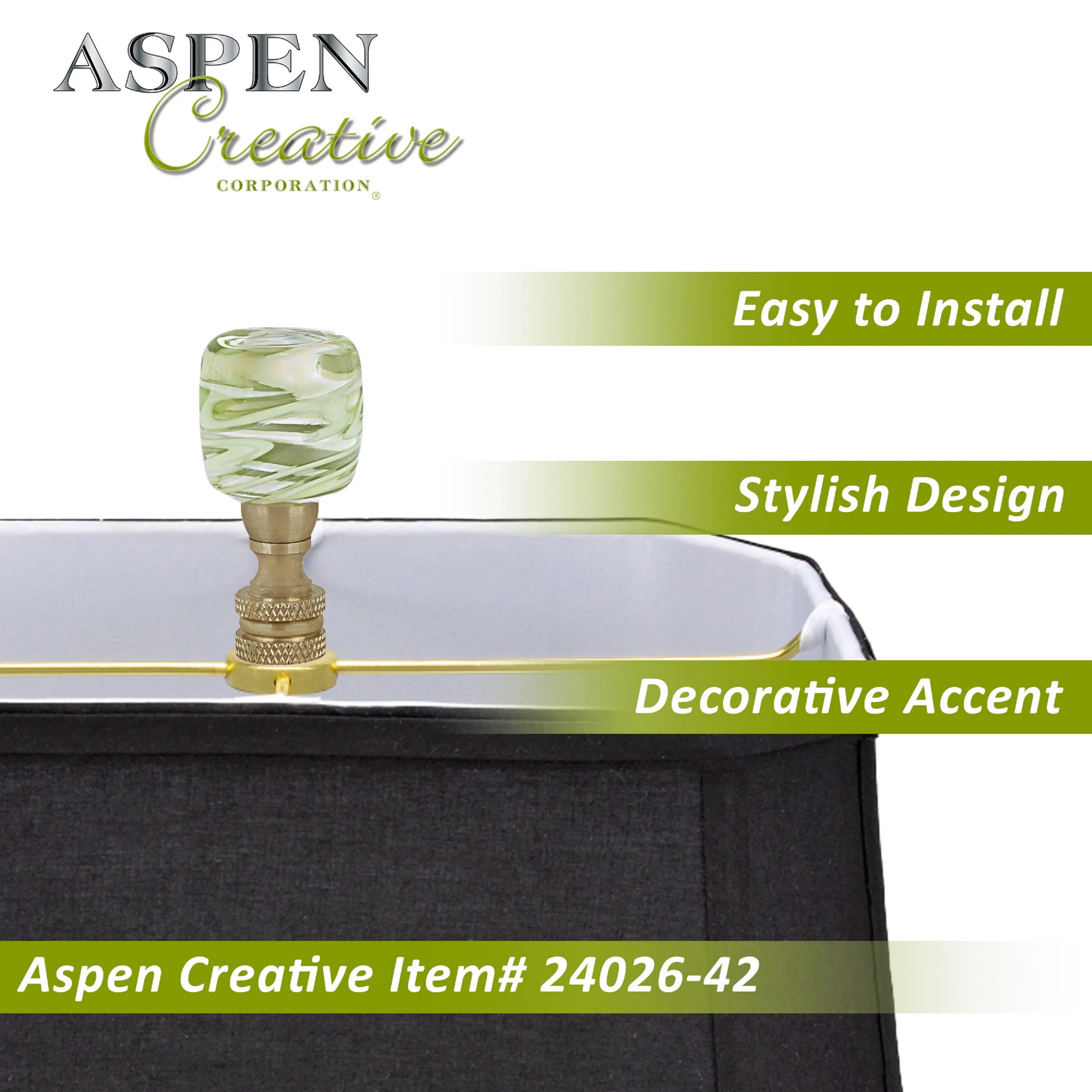 # 24026-42, Clear with Green Grain Glass Lamp Finial in Copper, 2" Tall, 2 Pack