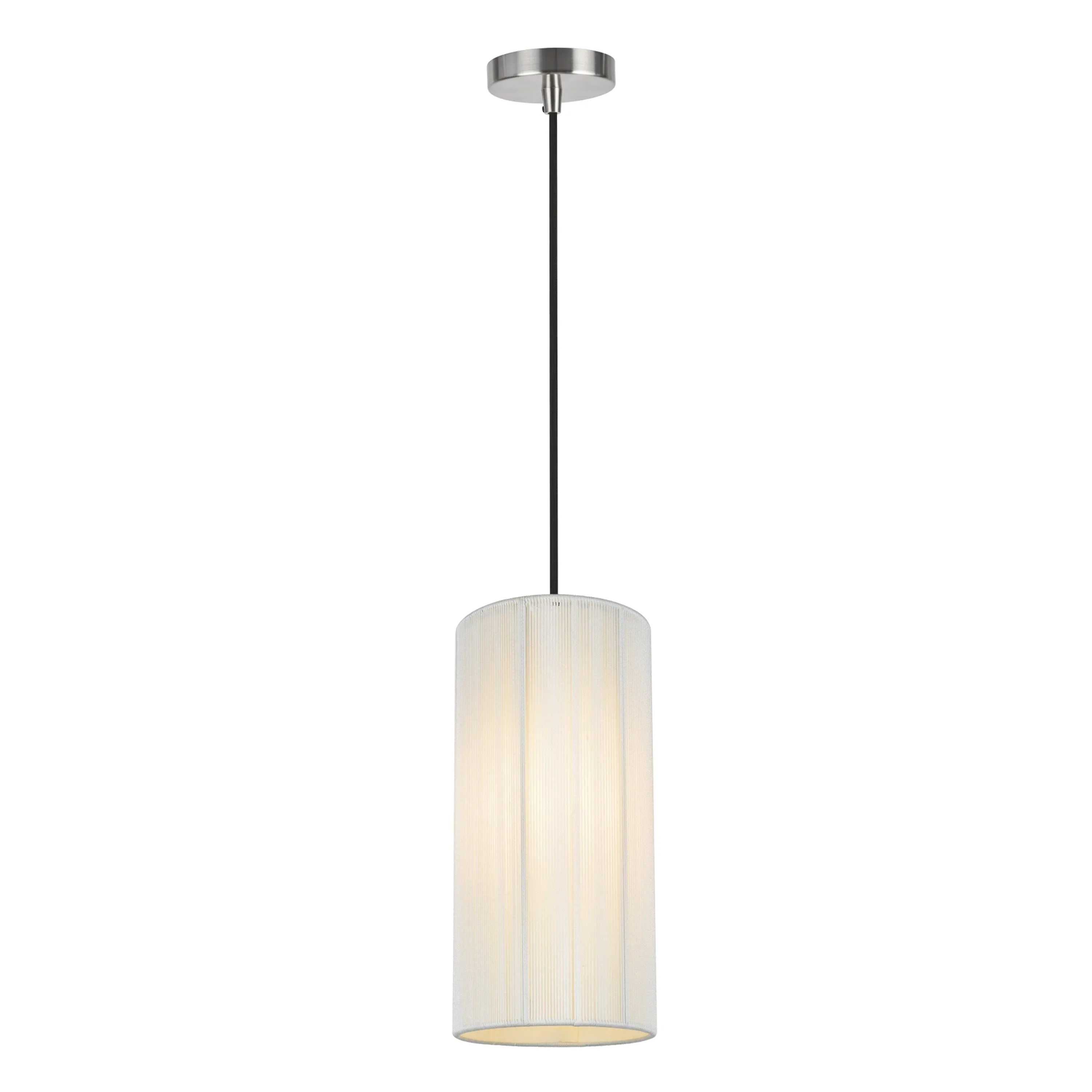 # 61092-1, Adjustable One-Light Hanging Mini Pendant Ceiling Light, Transitional Design in Satin Nickel Finish, Off White Shade, 6" wide