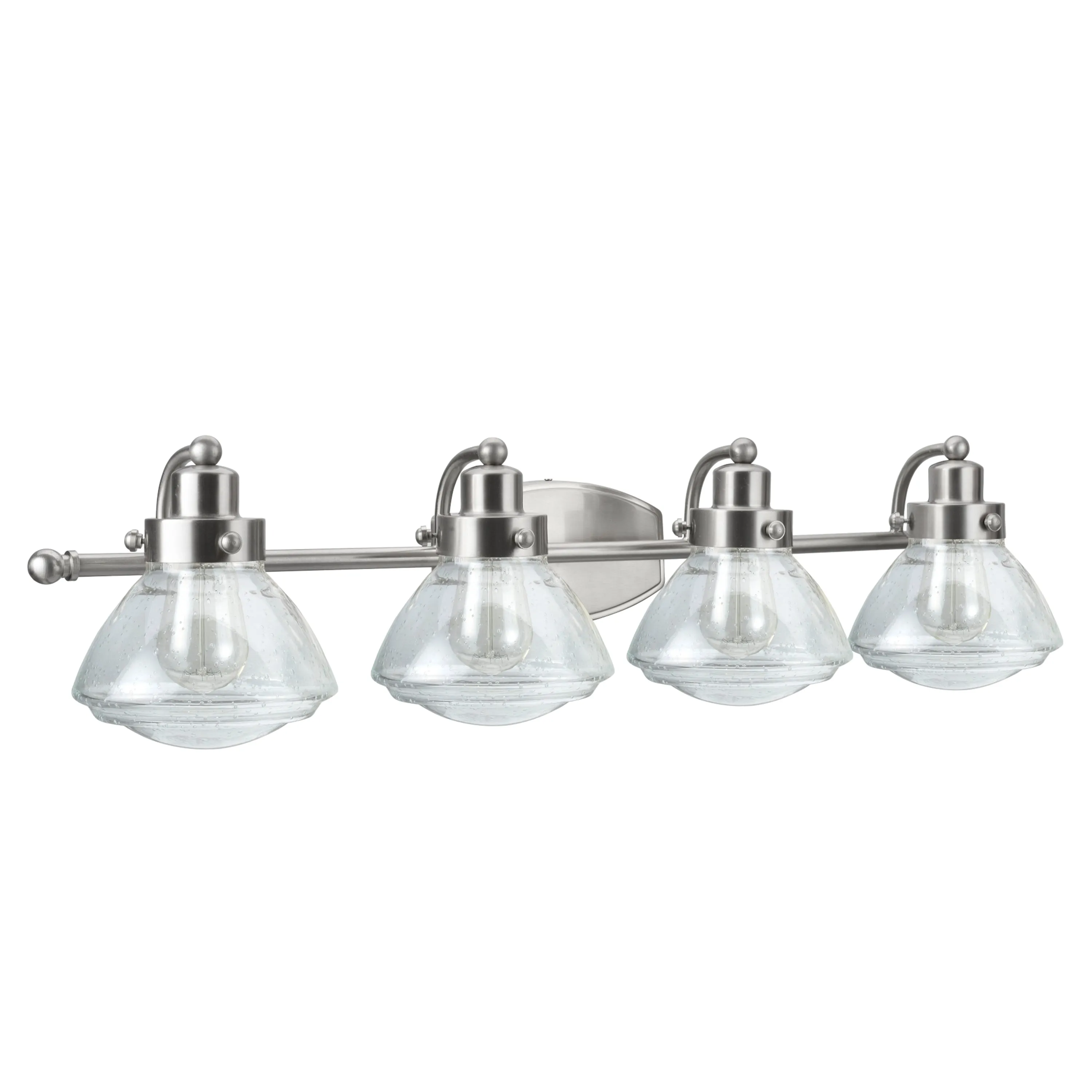 # 62080-2 Four-Light Metal Bathroom Vanity Wall Light Fixture, 33 3/4" Wide, Transitional Design in Satin Nickel with Clear Seedy Glass Shade