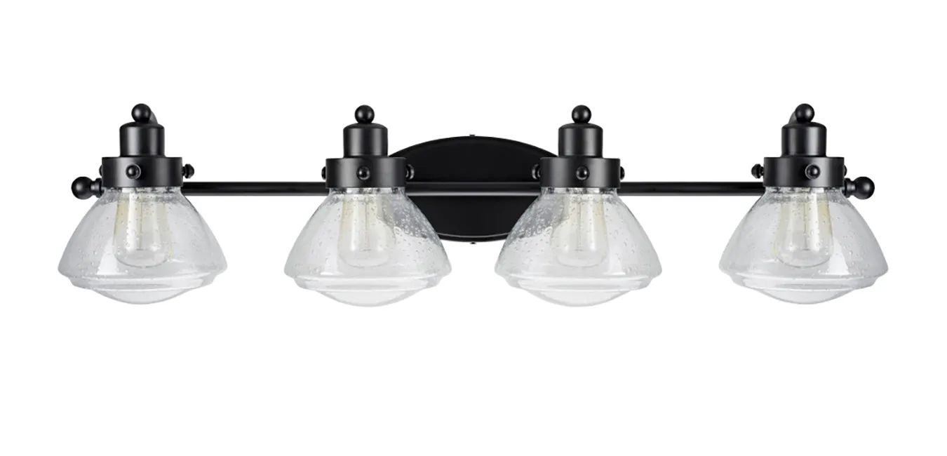 # 62080 Four-Light Metal Bathroom Vanity Wall Light Fixture, 33 3/4" Wide, Transitional Design in Black with Clear Seedy Glass Shade