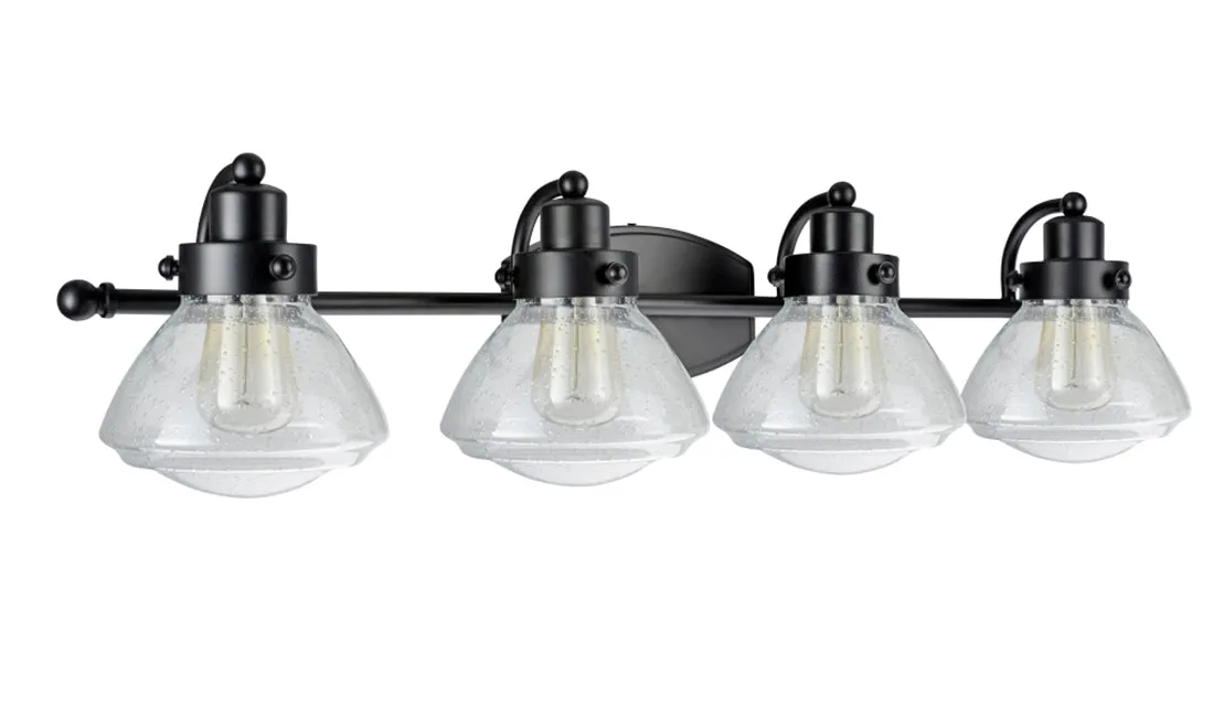 # 62080 Four-Light Metal Bathroom Vanity Wall Light Fixture, 33 3/4" Wide, Transitional Design in Black with Clear Seedy Glass Shade