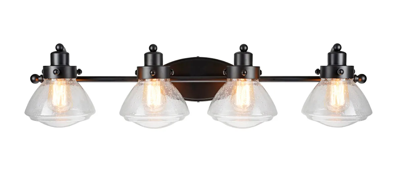 # 62080 Four-Light Metal Bathroom Vanity Wall Light Fixture, 33 3/4" Wide, Transitional Design in Black with Clear Seedy Glass Shade