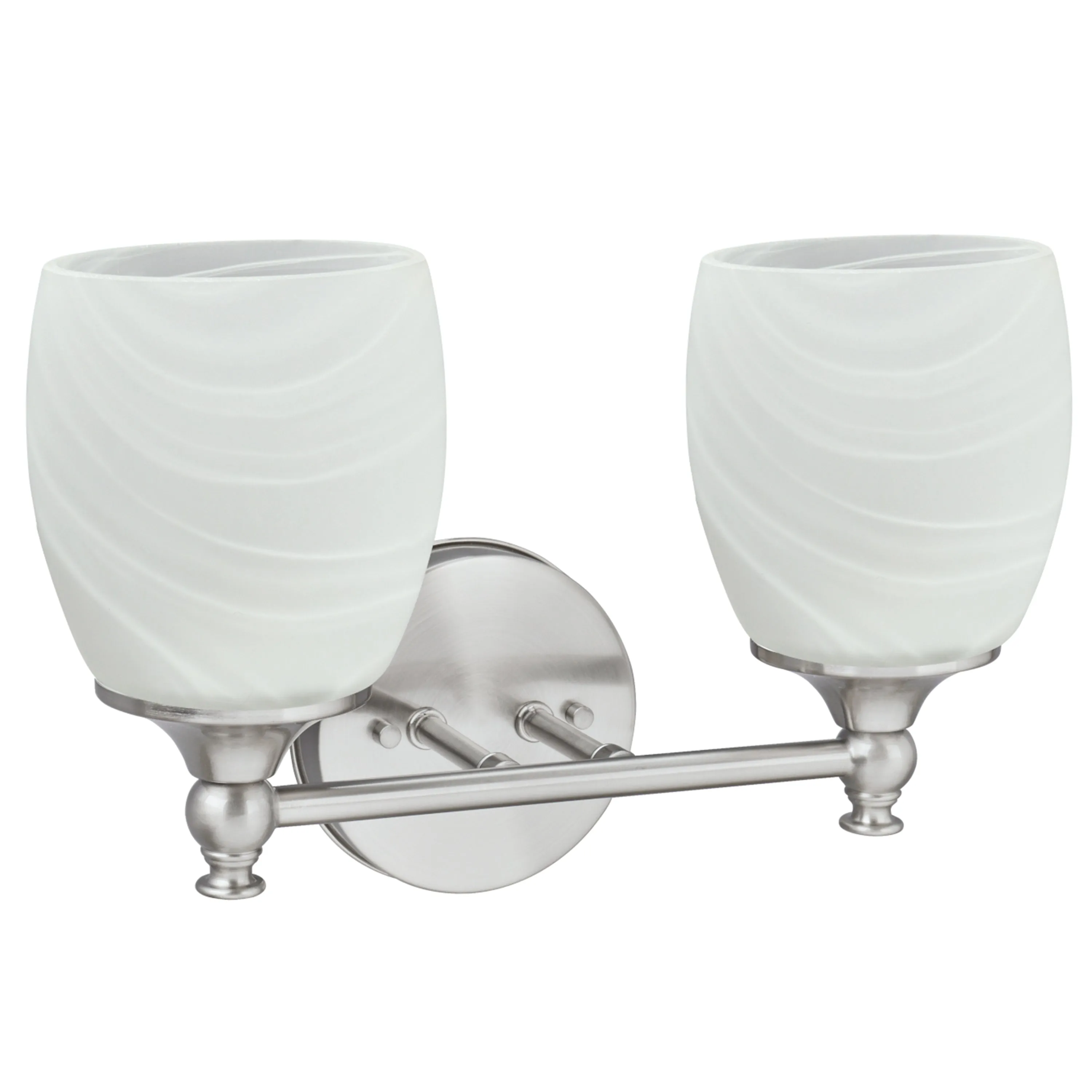 # 62142 Two-Light Metal Bathroom Vanity Wall Light Fixture, 13" Wide, Transitional Design in Brushed Nickel with Faux Alabaster Glass Shade