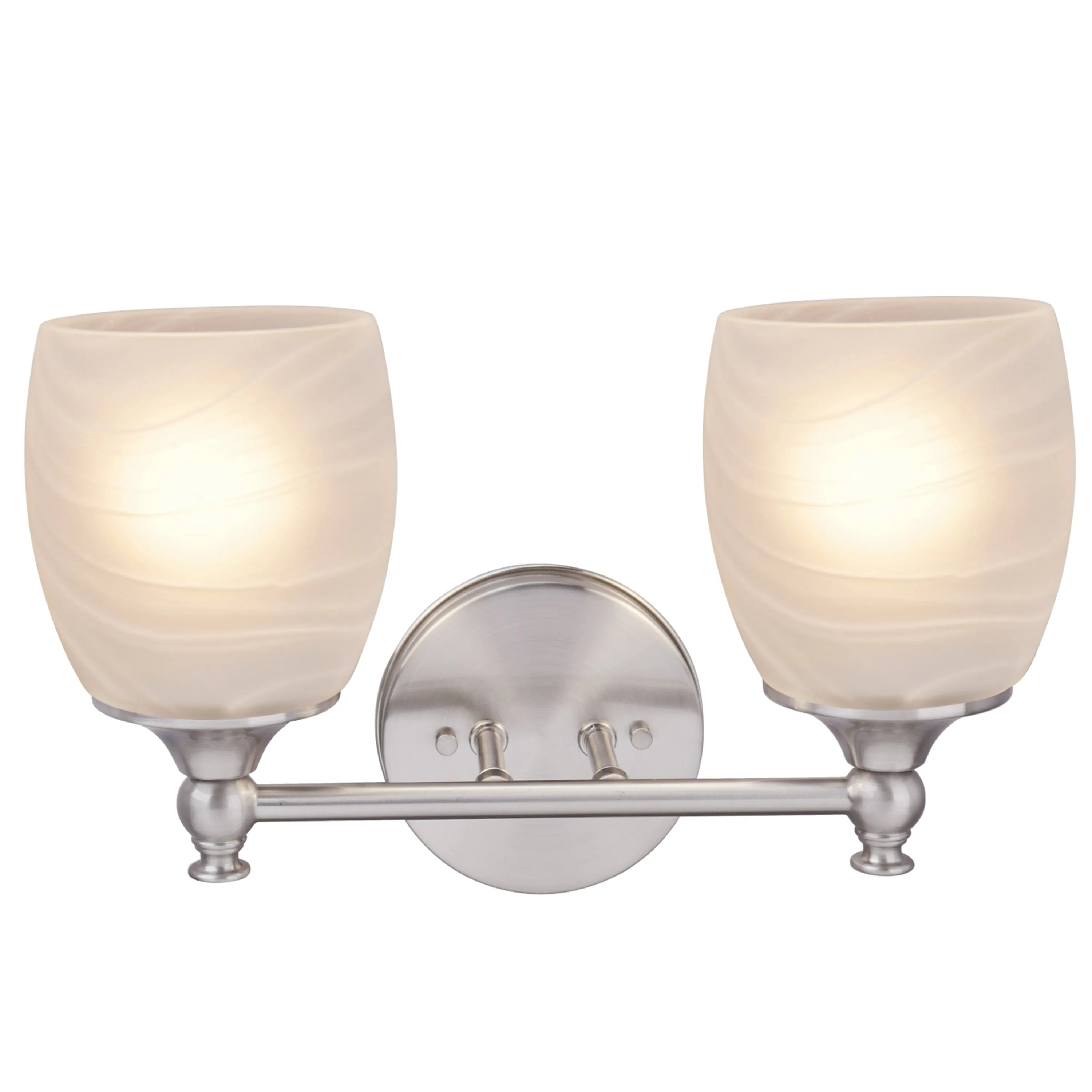 # 62142 Two-Light Metal Bathroom Vanity Wall Light Fixture, 13" Wide, Transitional Design in Brushed Nickel with Faux Alabaster Glass Shade