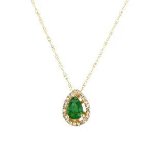 14K Yellow gold drop tear diamonds center emerald necklace-15636