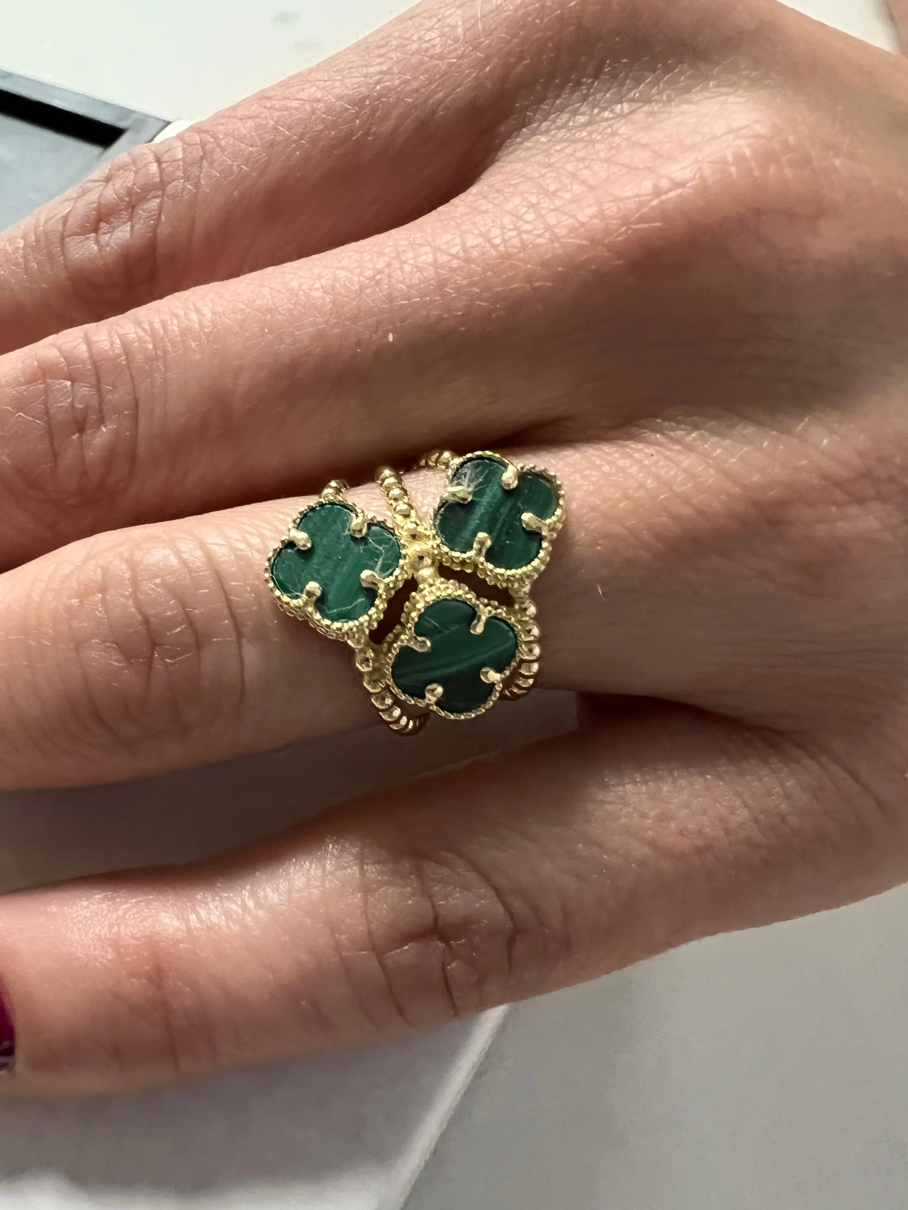 14K Yellow gold malachite three clover ring-227064
