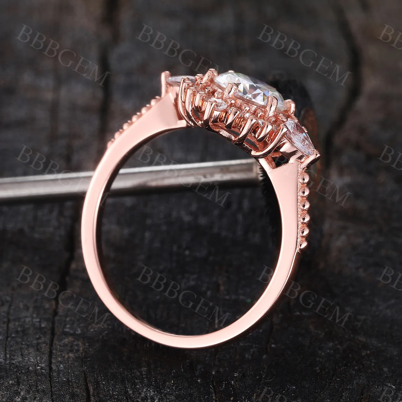 Art Deco 1.25CT Round Cut Moissanite Engagement Ring Milgrain Rose Gold Band