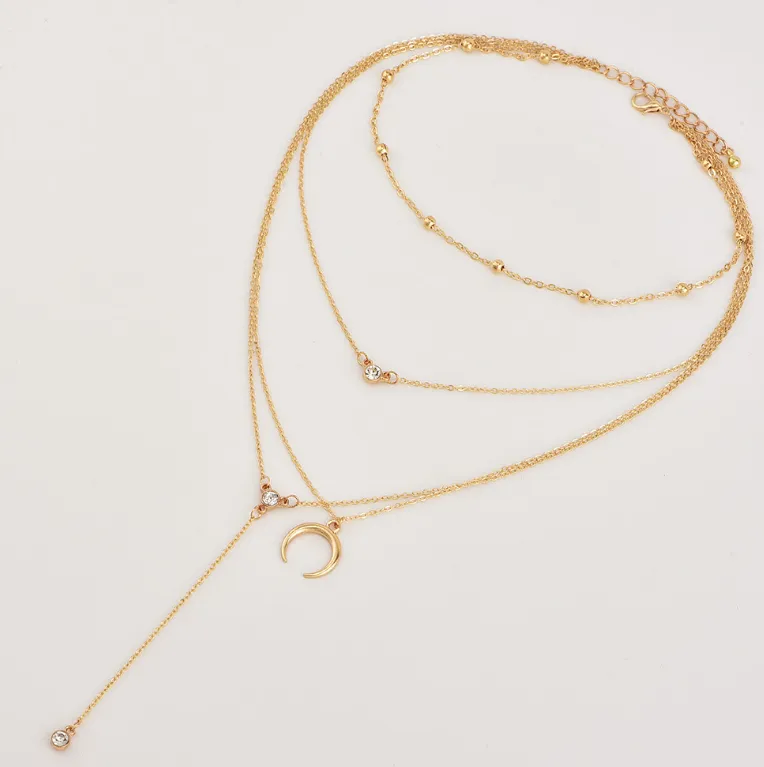 Bead Chain Diamond Moon Pendant Multi-layer Women's Necklace