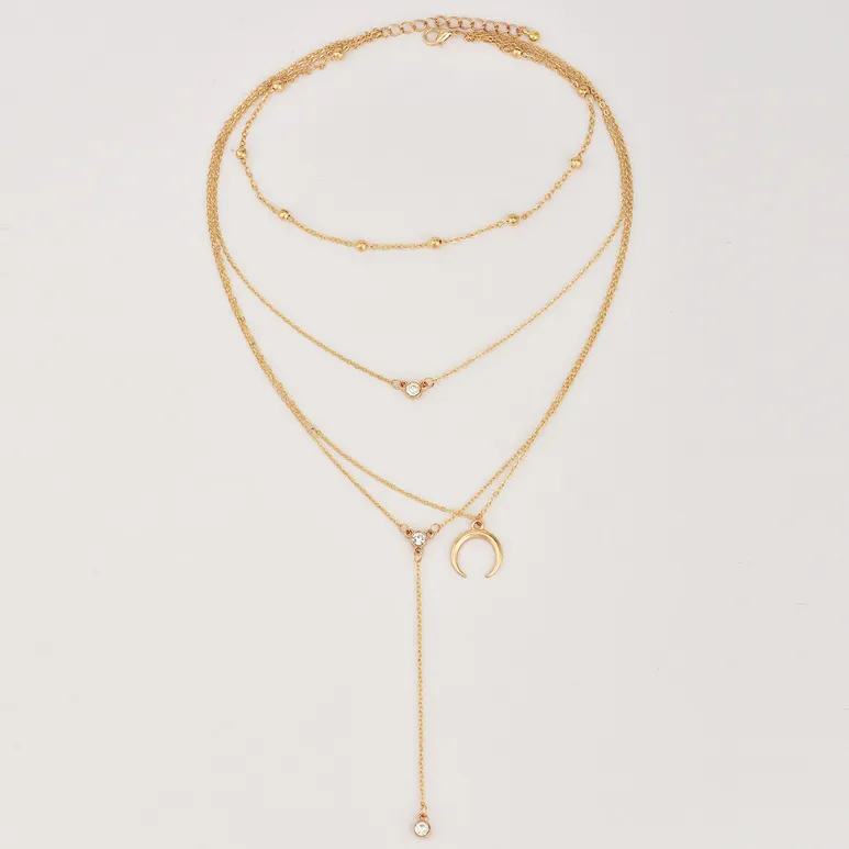 Bead Chain Diamond Moon Pendant Multi-layer Women's Necklace