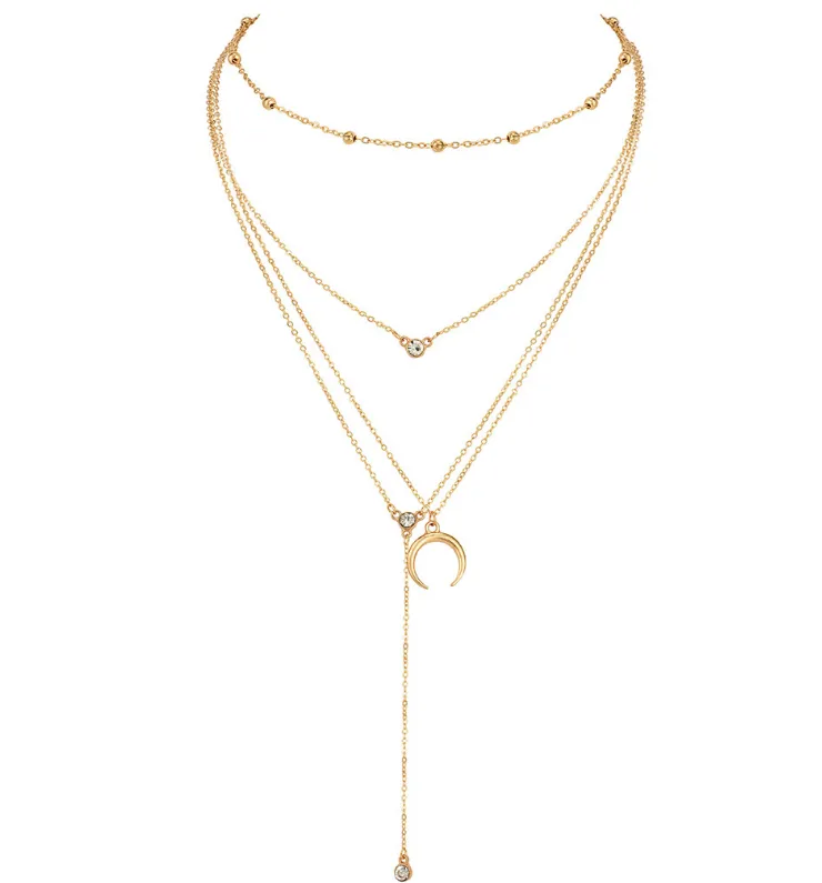 Bead Chain Diamond Moon Pendant Multi-layer Women's Necklace