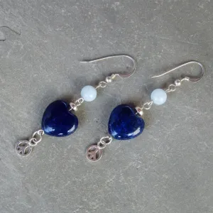 Blue Agate gemstone Hearts, Sterling Silver Peace Signs, Aquamarine, Sterling Silver Drop Earrings
