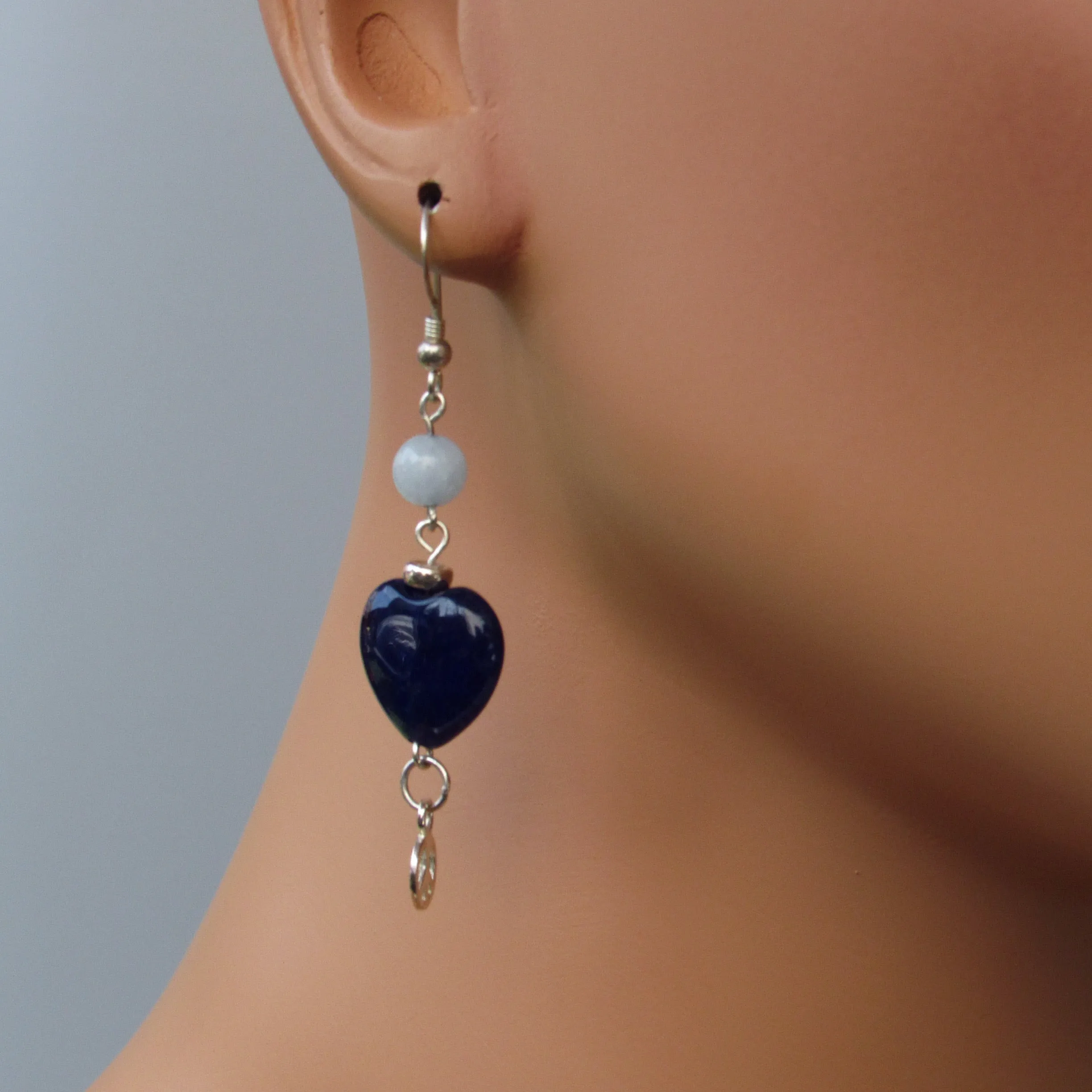 Blue Agate gemstone Hearts, Sterling Silver Peace Signs, Aquamarine, Sterling Silver Drop Earrings
