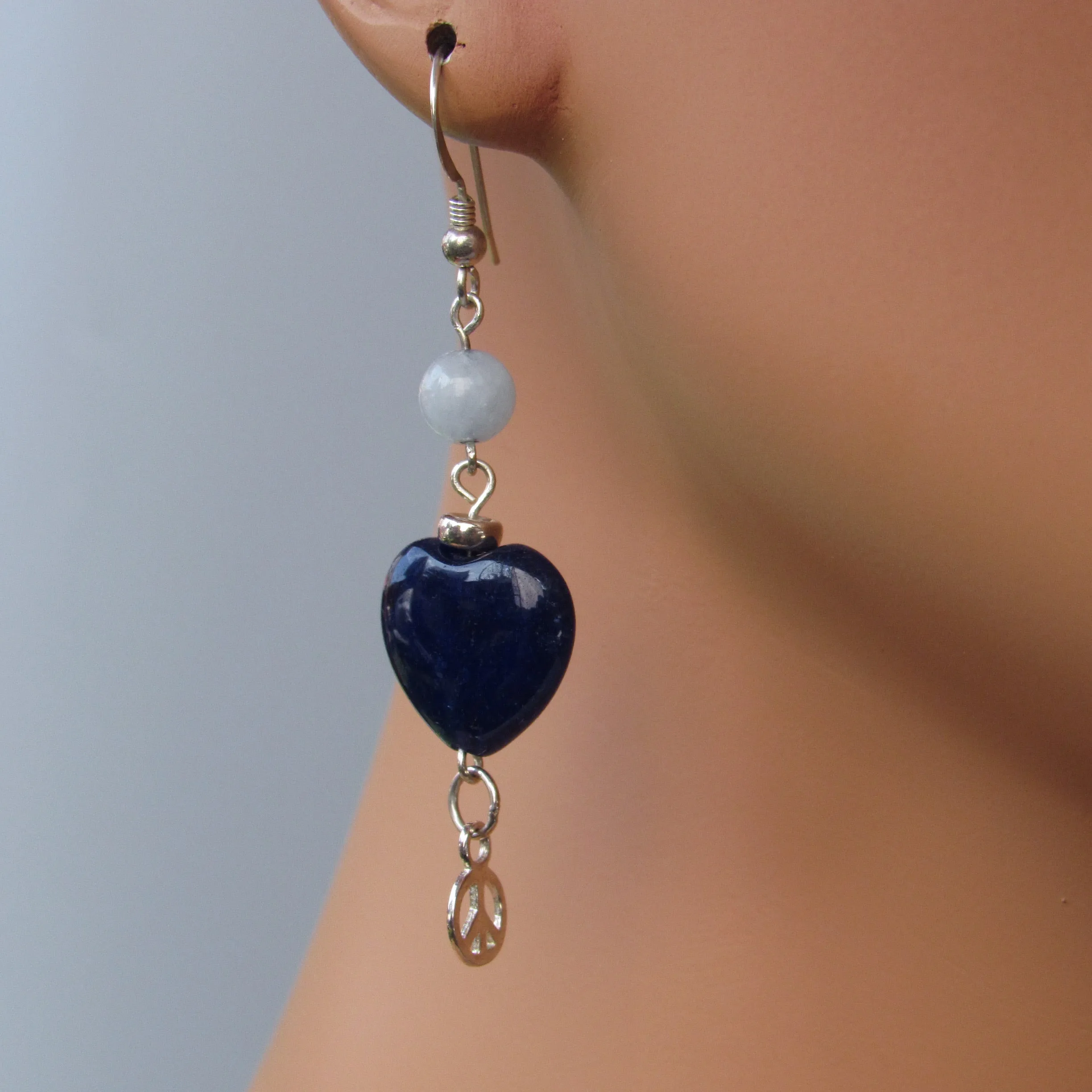 Blue Agate gemstone Hearts, Sterling Silver Peace Signs, Aquamarine, Sterling Silver Drop Earrings