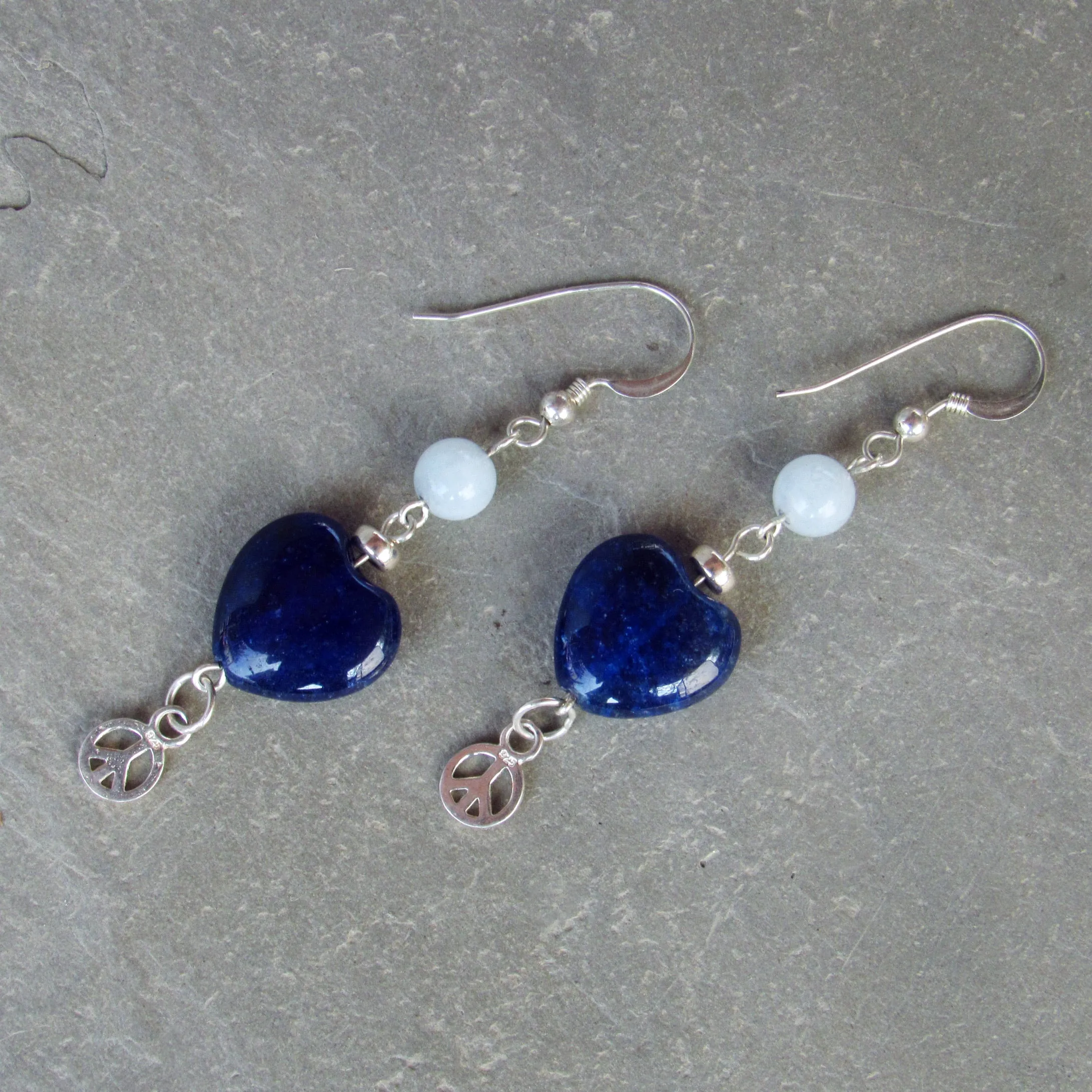 Blue Agate gemstone Hearts, Sterling Silver Peace Signs, Aquamarine, Sterling Silver Drop Earrings