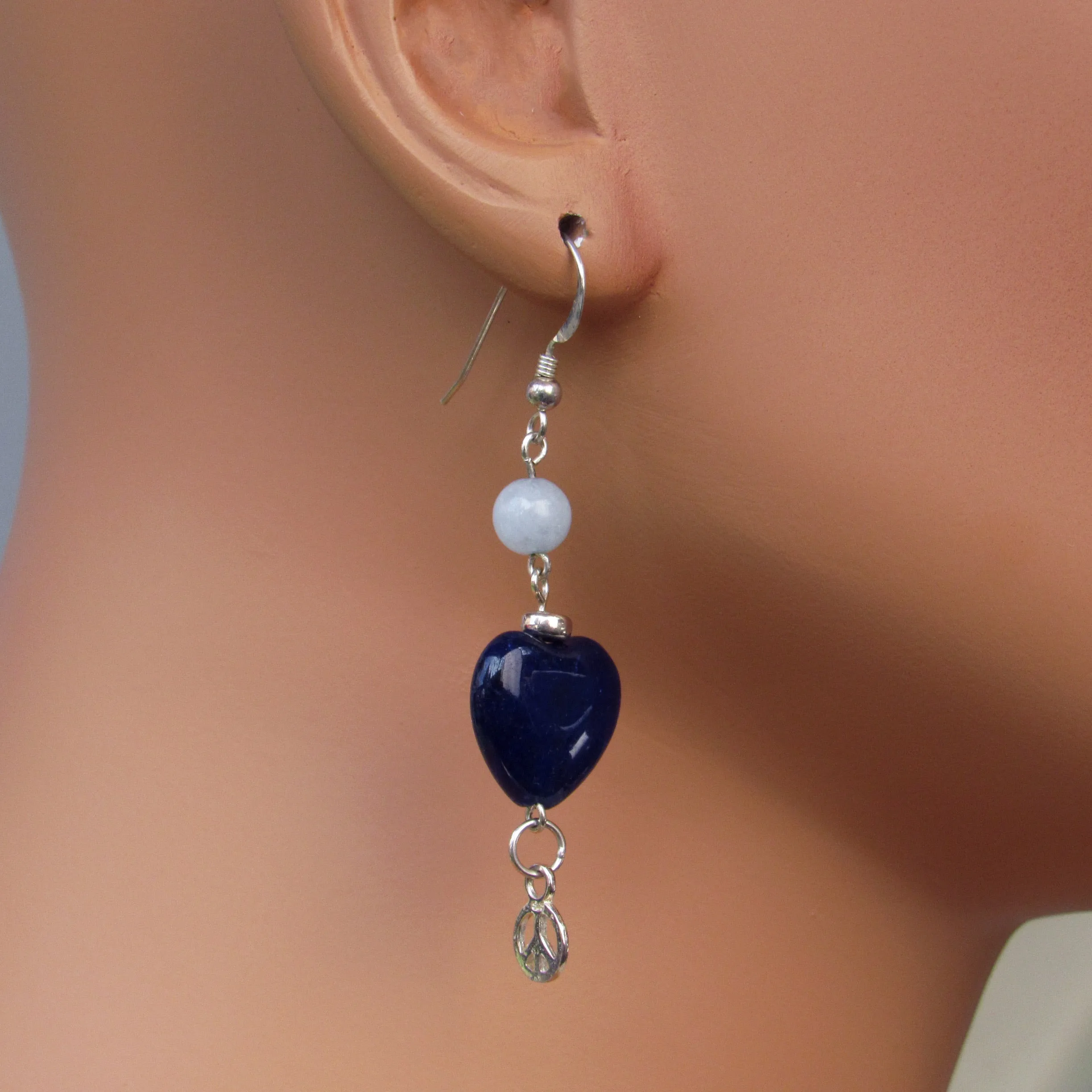 Blue Agate gemstone Hearts, Sterling Silver Peace Signs, Aquamarine, Sterling Silver Drop Earrings
