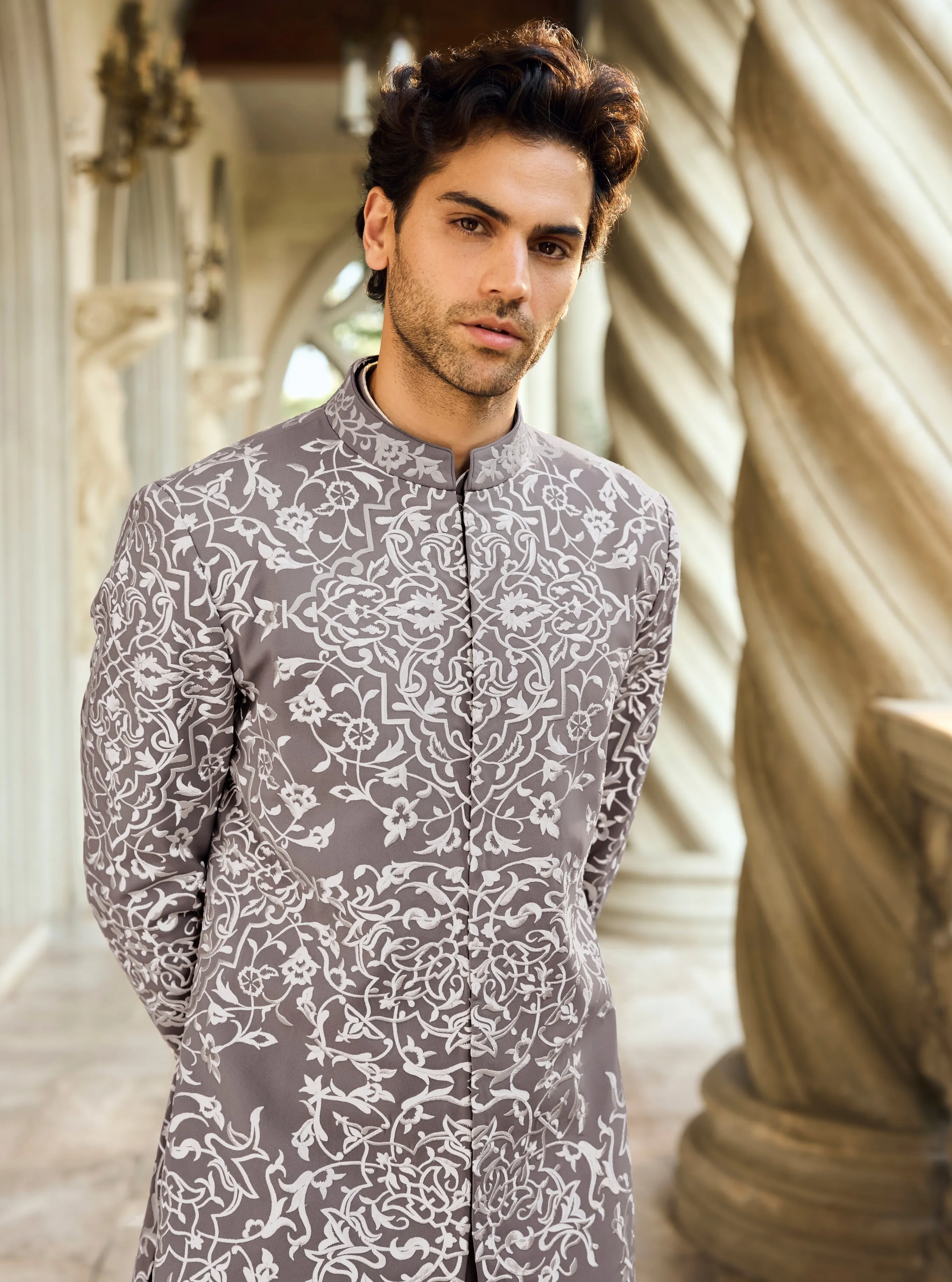 Chapelle Grey Abstract Sherwani Set