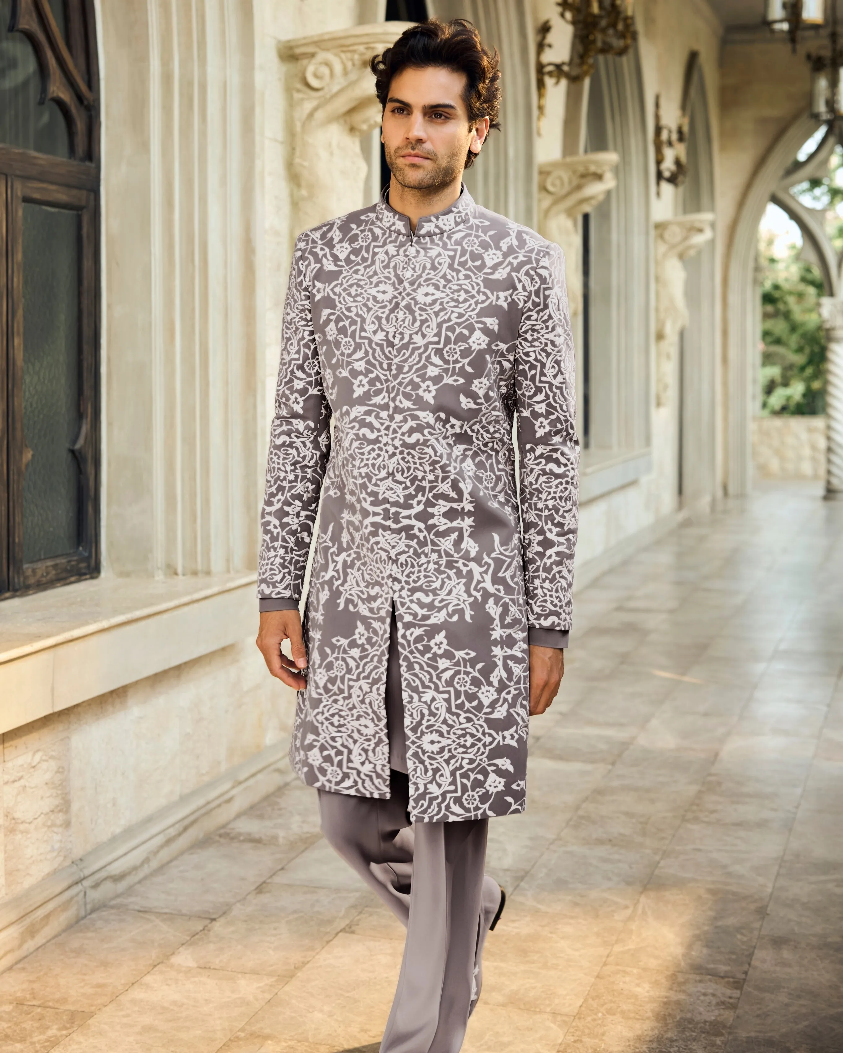 Chapelle Grey Abstract Sherwani Set