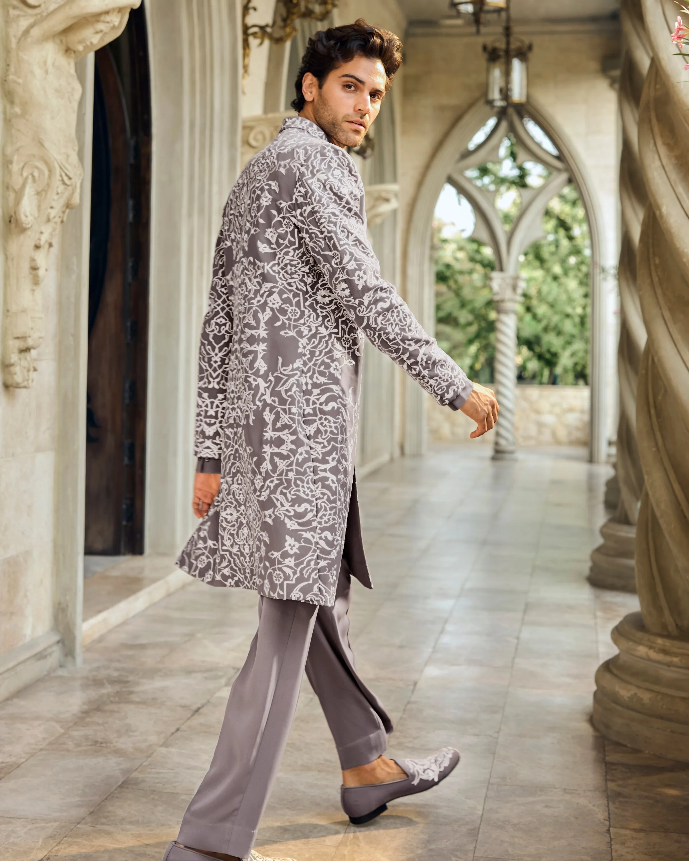 Chapelle Grey Abstract Sherwani Set