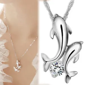 Cute Silver Plated Double Dolphin Rhinestone Short Chain Pendant Necklace Women Fashion Jewelry Cute Silver Plated Double Dolphin Rhinestone Short Chain Pendant Necklace Women Fashion Jewelry