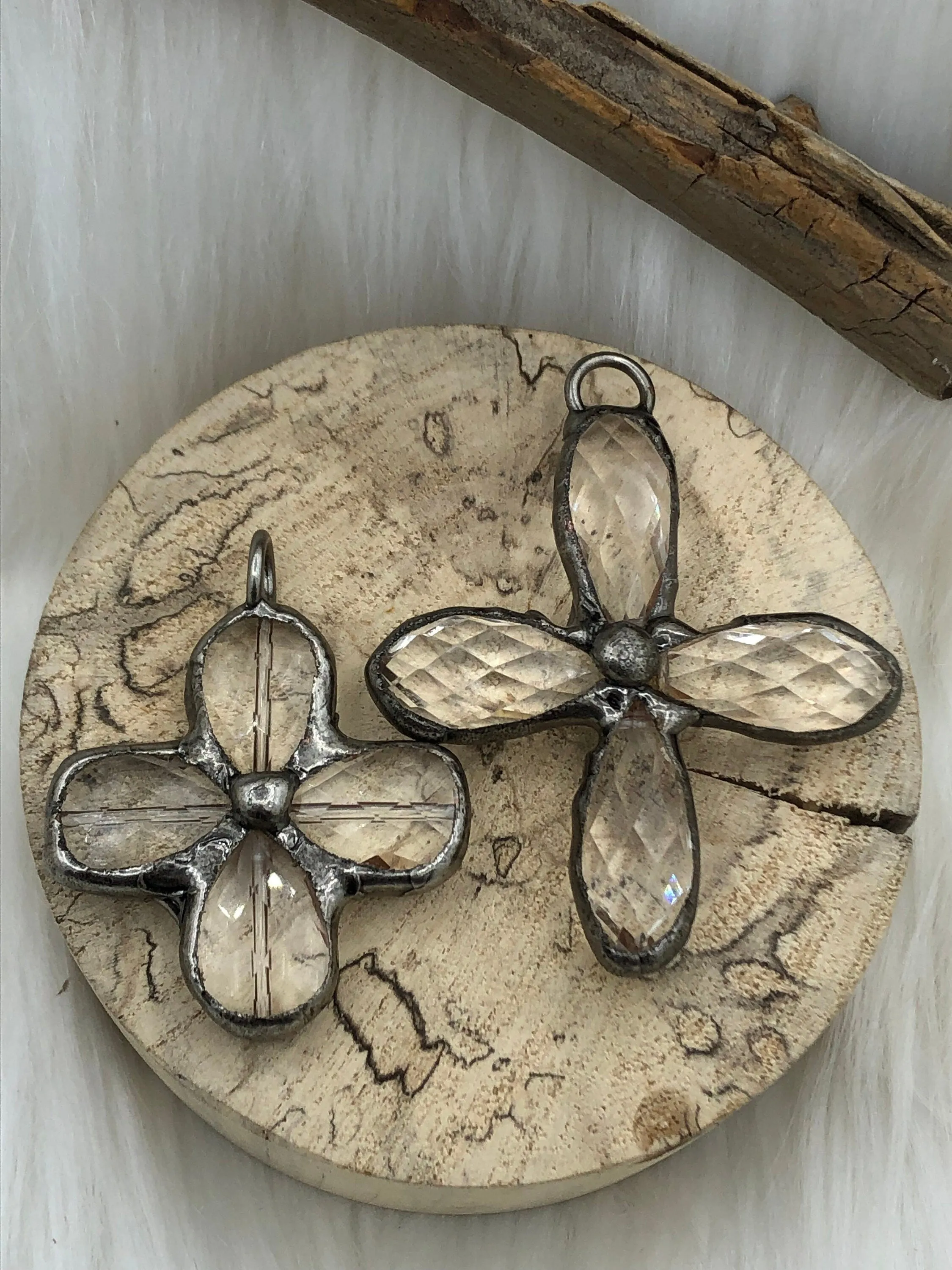 Faceted Crystal Gunmetal Soldered Flower Pendant. Soldered Crystals flowers 2 sizes  52mm x 50mm x 11mm & 43mm x 39mm x 8mm. Fast Shipping