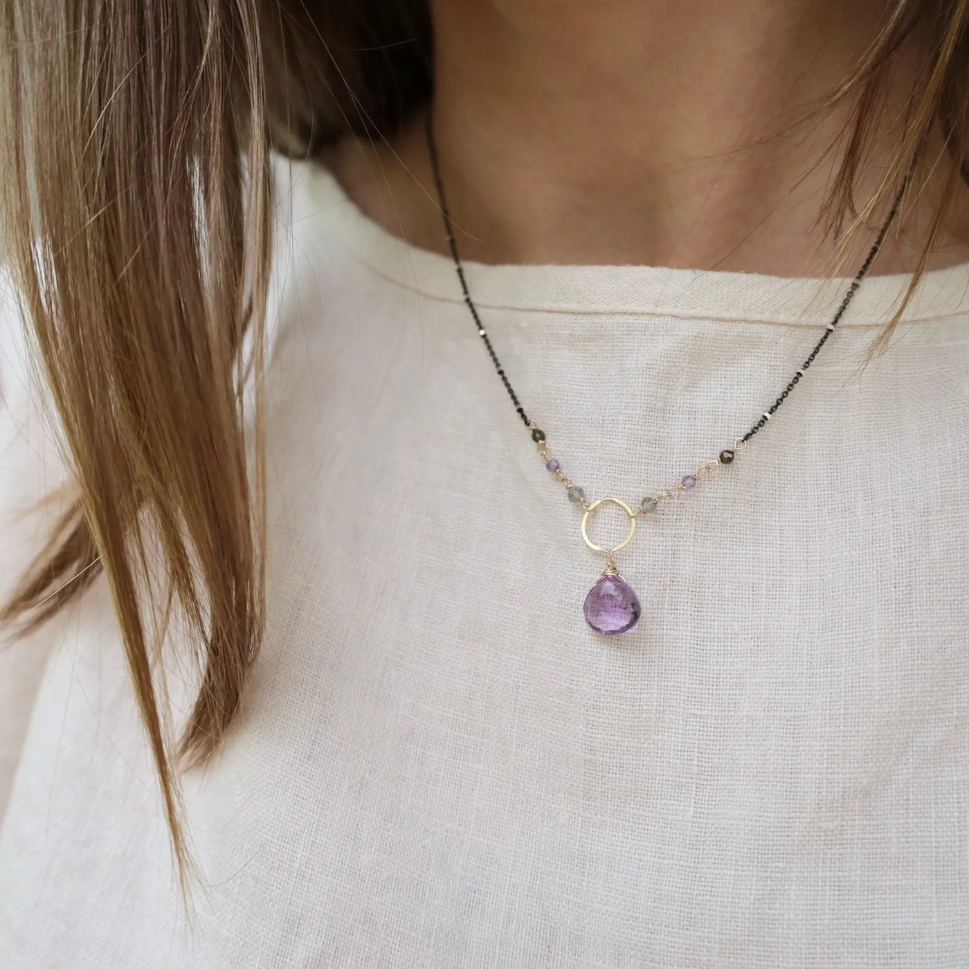 Gold Filled Ring with Pink Amethyst Drop Necklace