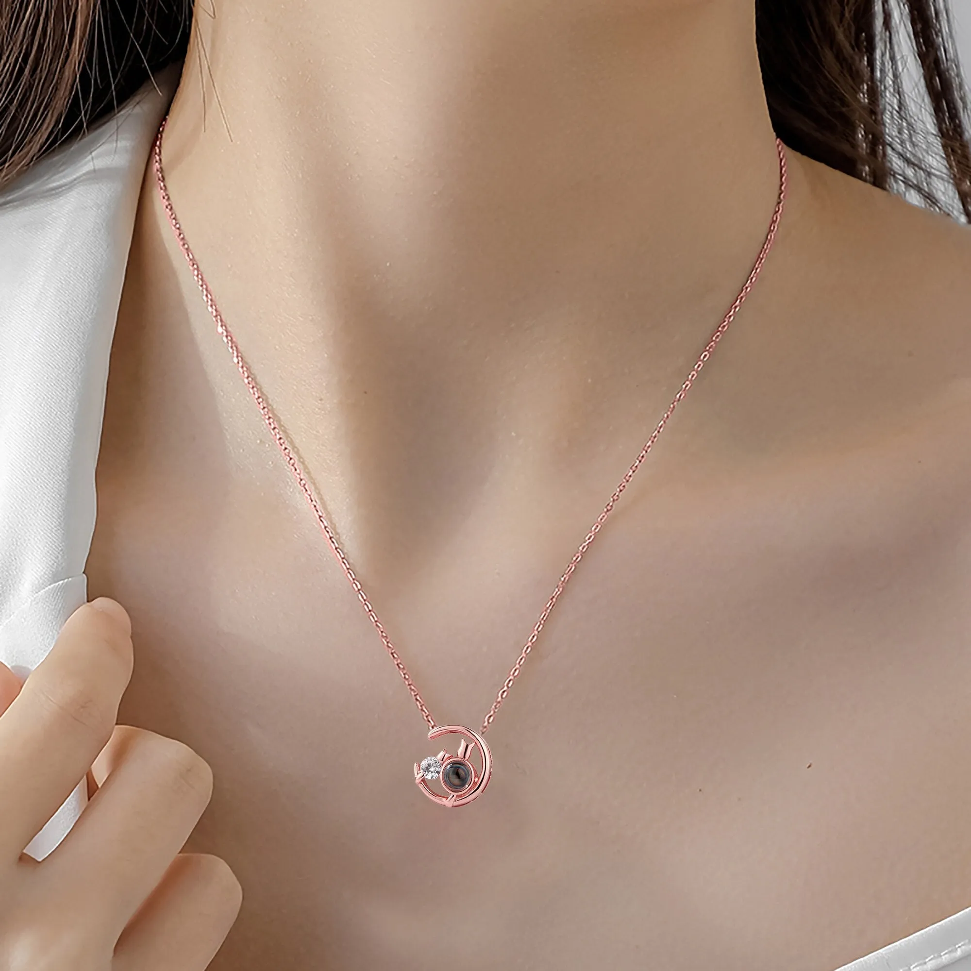 Moon Cat with customizable photos Projection Necklace  Pendant Jewelry