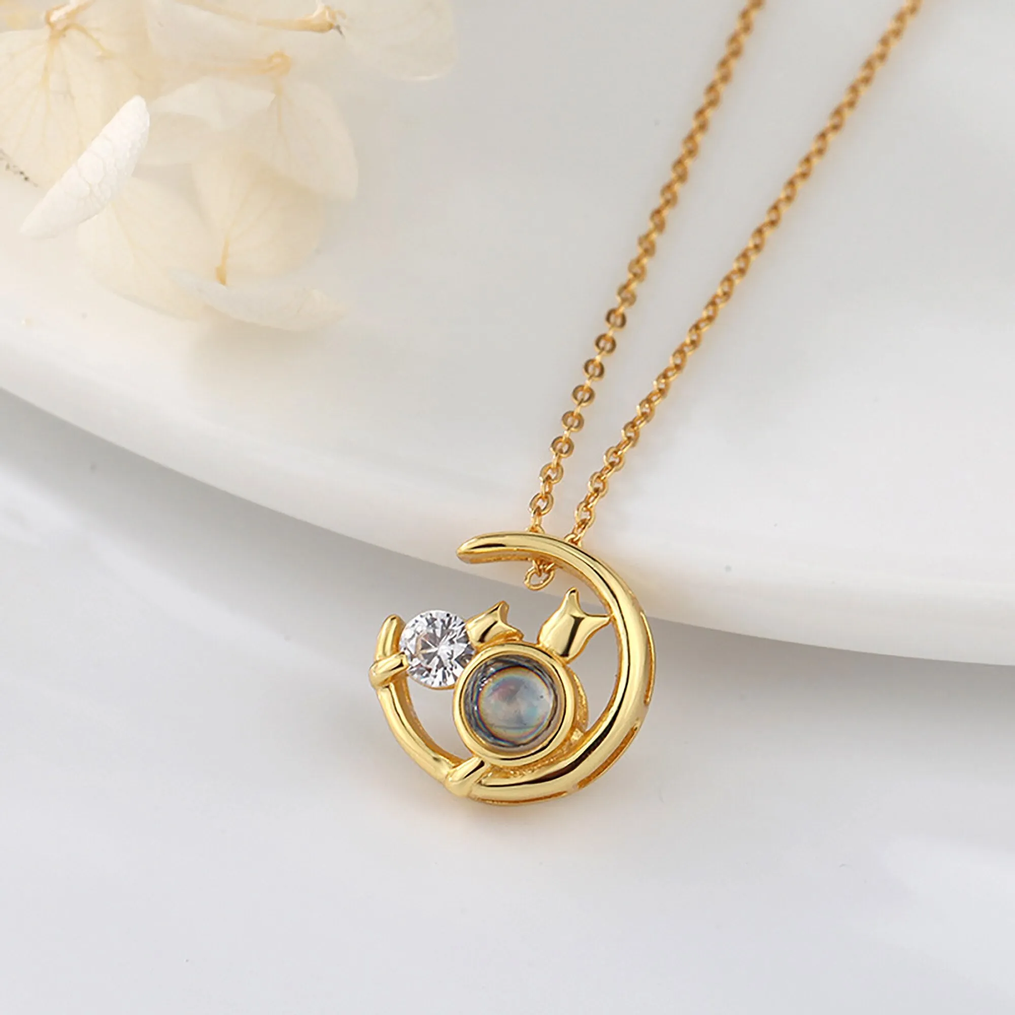 Moon Cat with customizable photos Projection Necklace  Pendant Jewelry