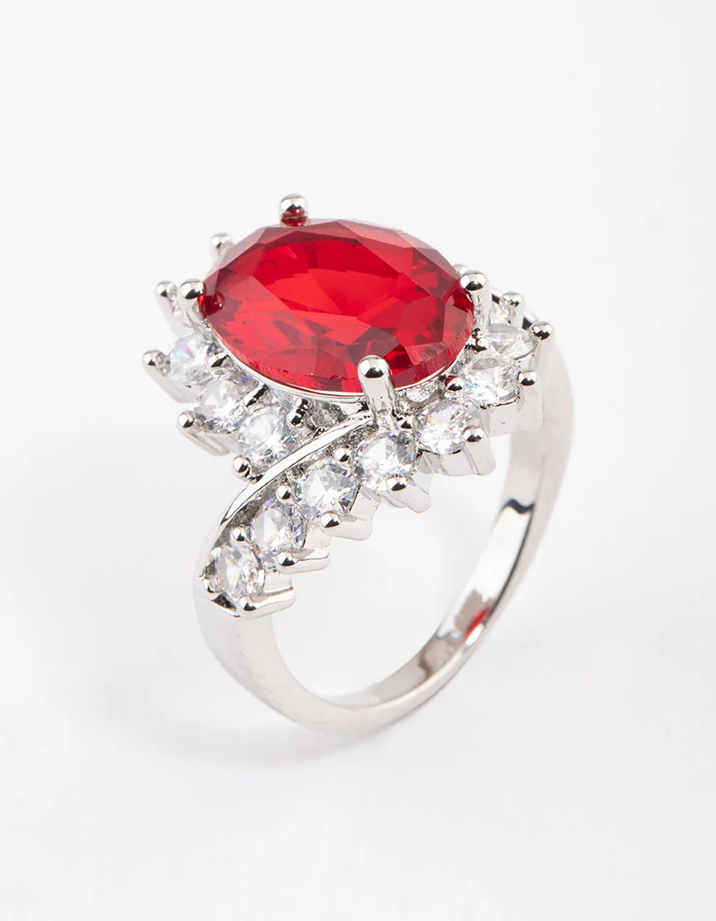 Rhodium Cubic Zirconia Vintage Red Oval Ring