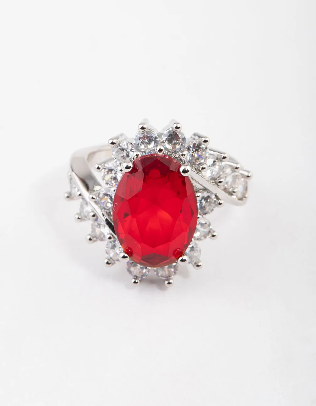 Rhodium Cubic Zirconia Vintage Red Oval Ring