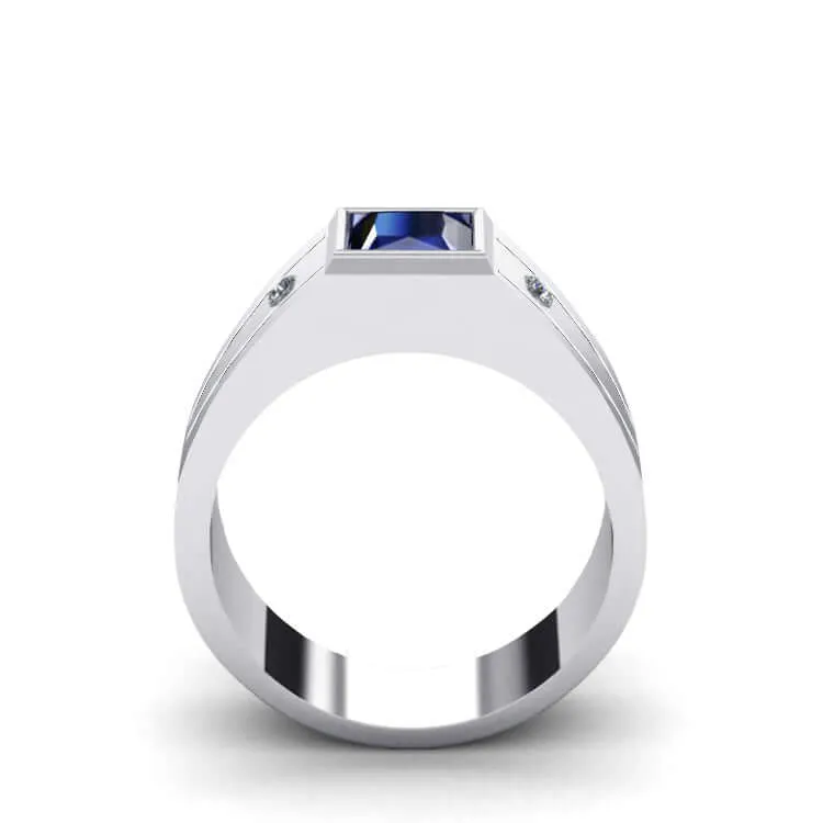 Solid 925 Silver Men's Diamond Ring with Faceted Gemstone