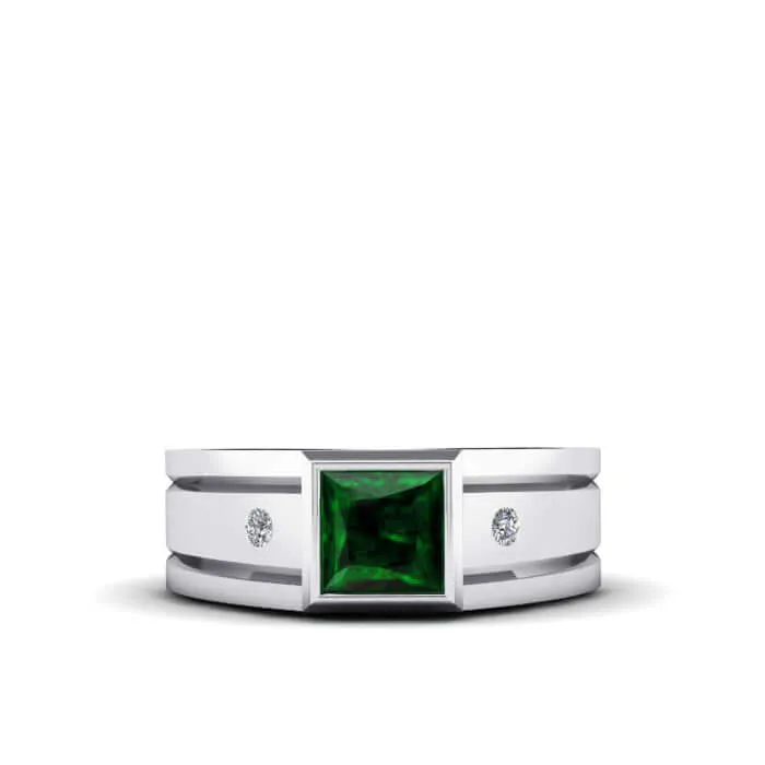 Solid 925 Silver Men's Diamond Ring with Faceted Gemstone