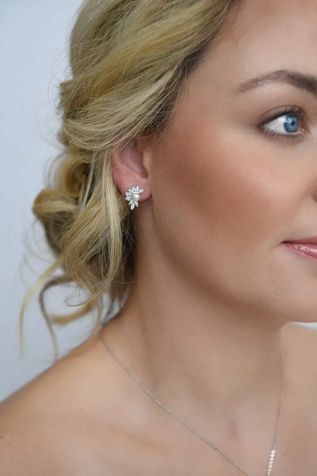 Sterling Silver Pearl & Cz Fan Earrings