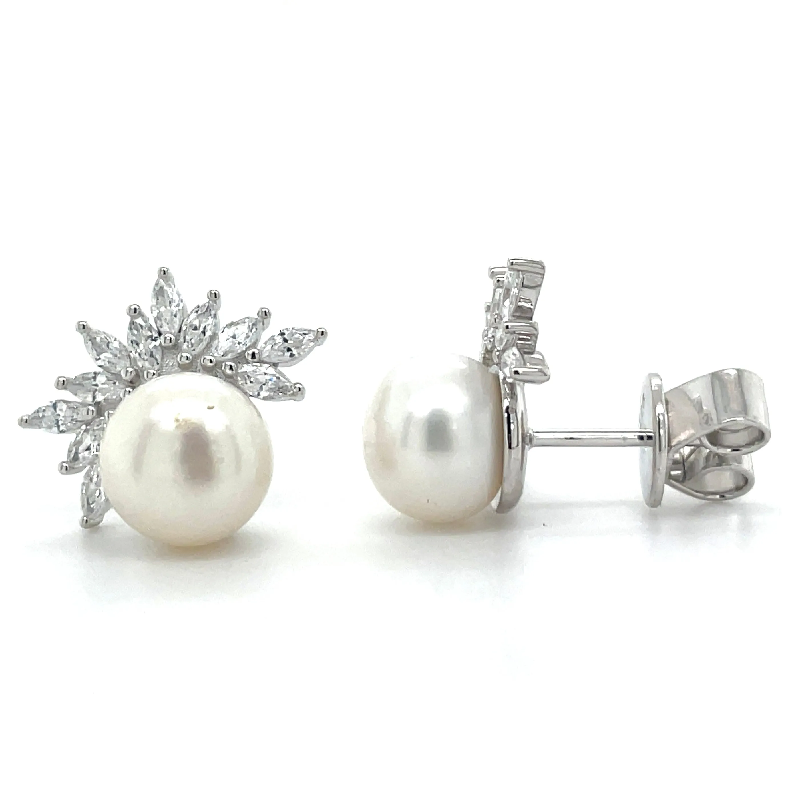 Sterling Silver Pearl & Cz Fan Earrings