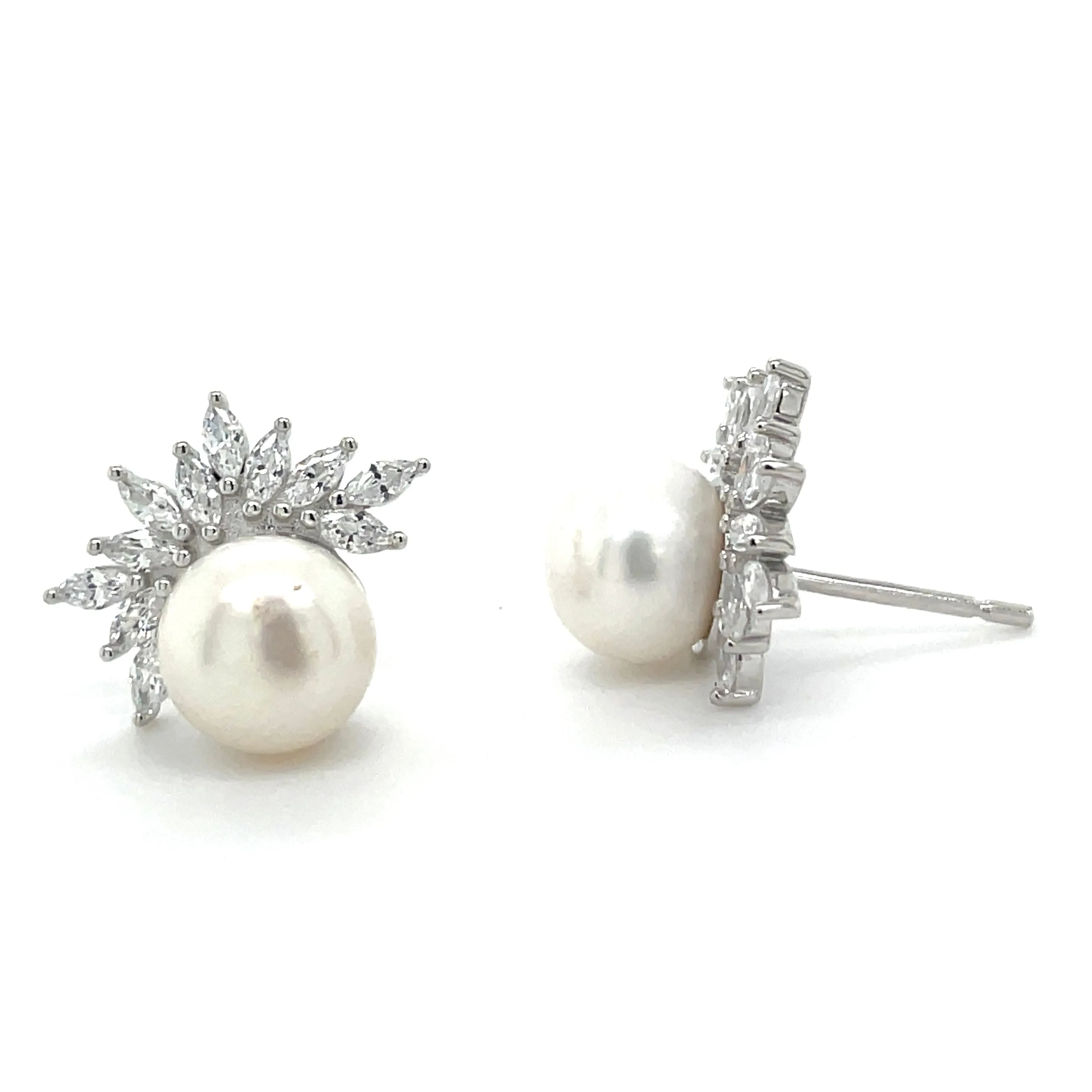 Sterling Silver Pearl & Cz Fan Earrings