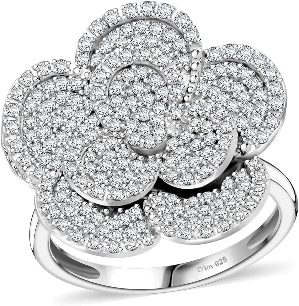 White Diamond 925 Sterling Silver Platinum Plated Flower Ring for Women Jewelry Birthday Gifts Size 7 Ct 1