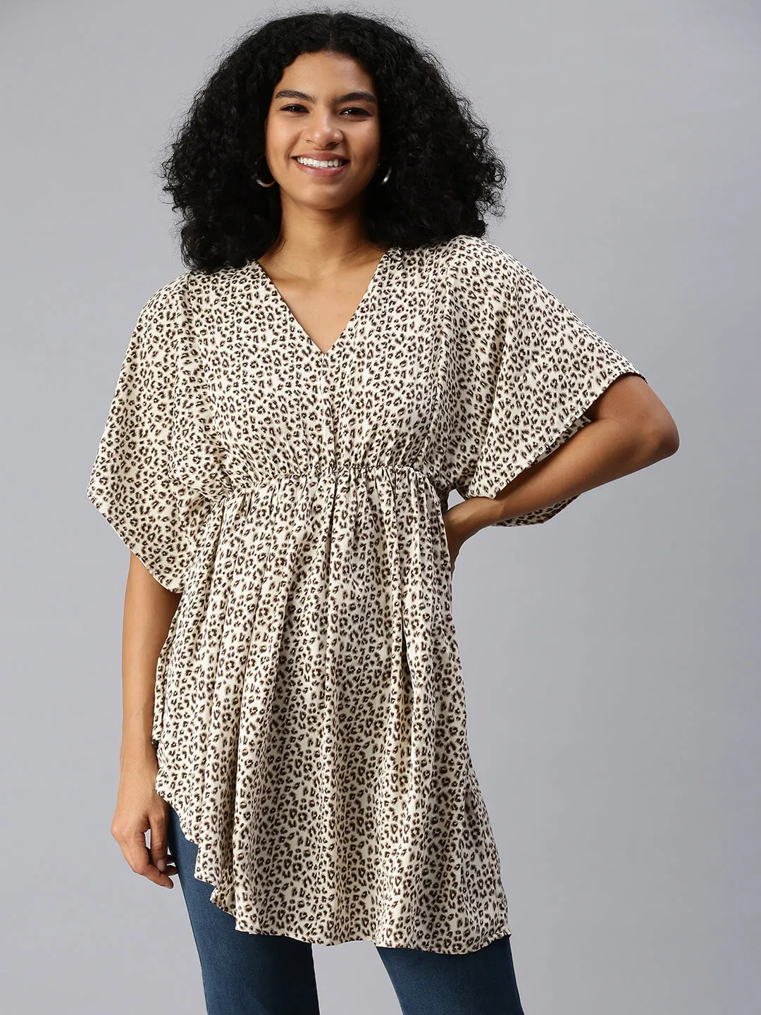 Women Beige Animal Crepe Kaftan Top