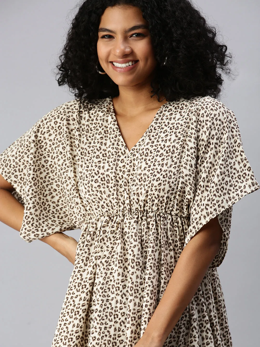 Women Beige Animal Crepe Kaftan Top