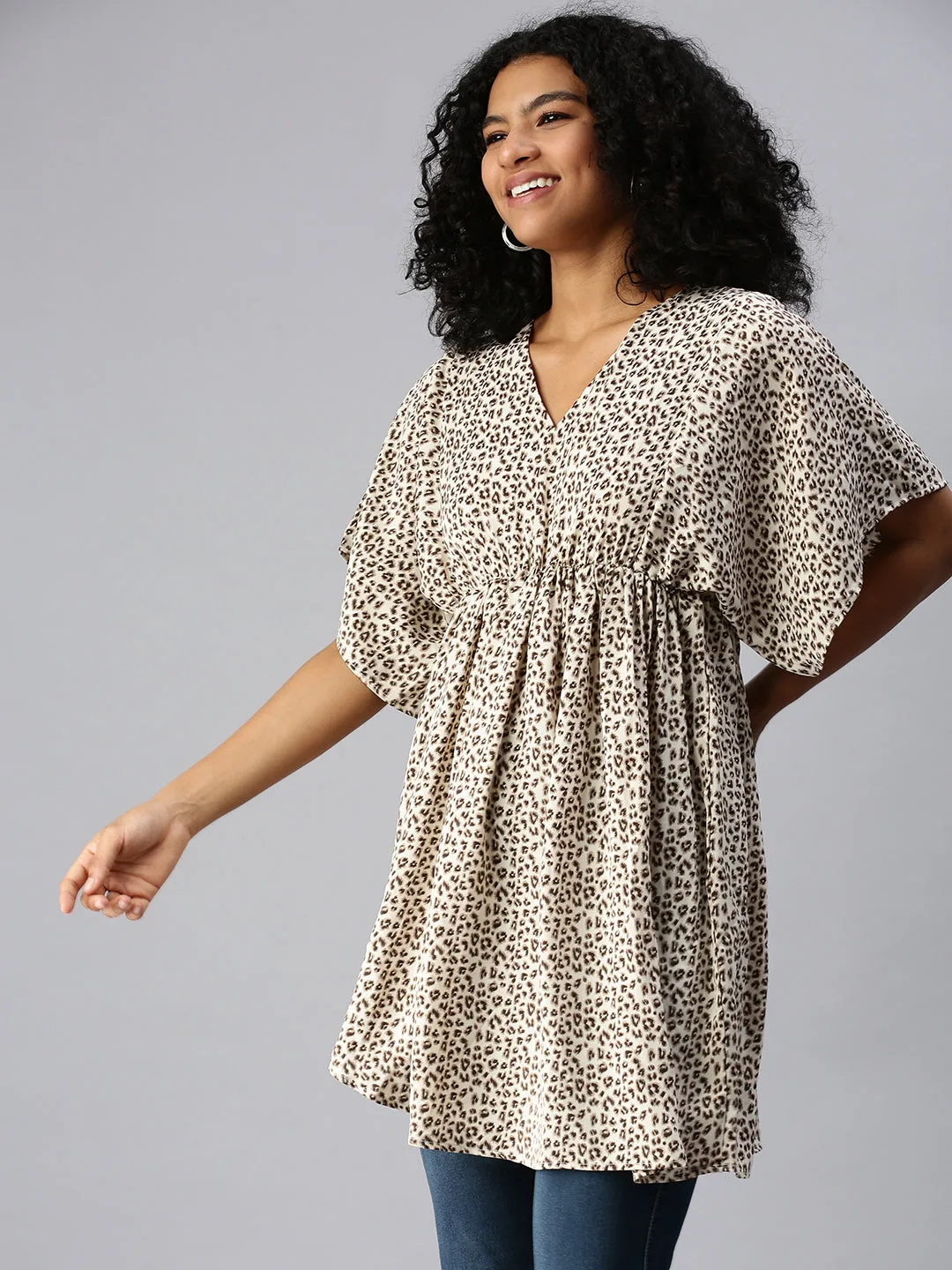 Women Beige Animal Crepe Kaftan Top
