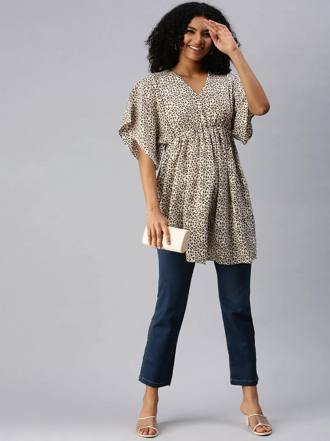Women Beige Animal Crepe Kaftan Top