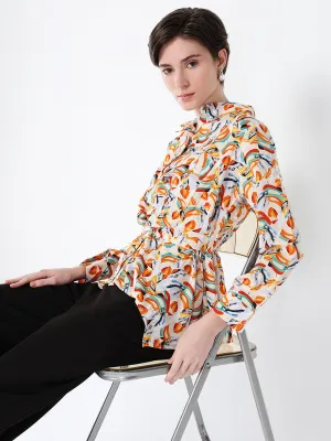 Women Orange Abstract Printed Shirt Style Top