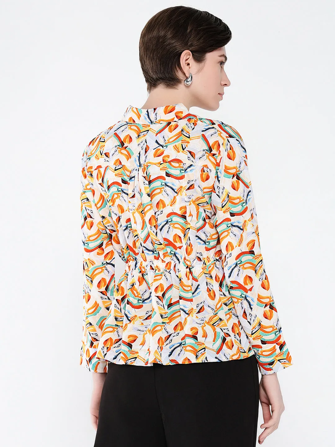 Women Orange Abstract Printed Shirt Style Top
