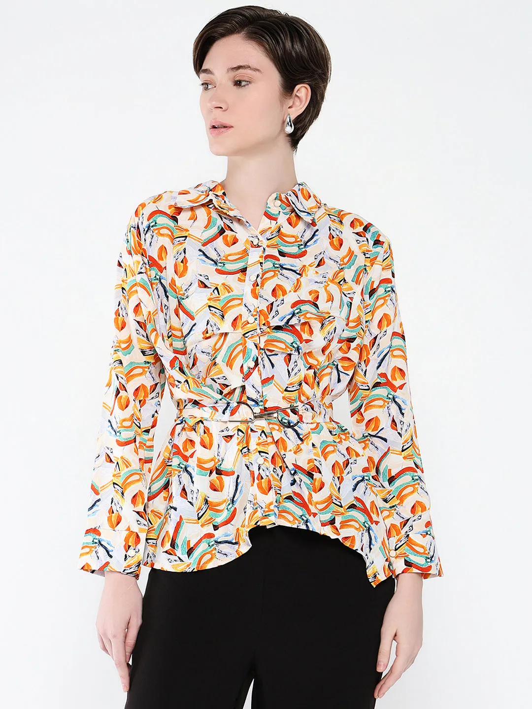 Women Orange Abstract Printed Shirt Style Top