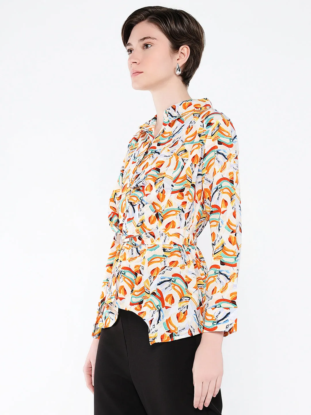 Women Orange Abstract Printed Shirt Style Top