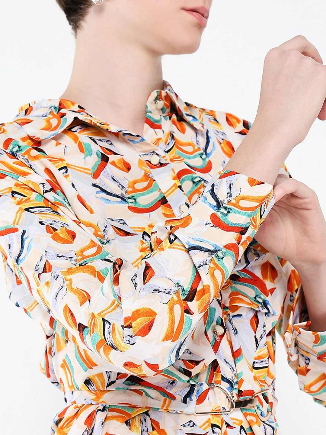 Women Orange Abstract Printed Shirt Style Top