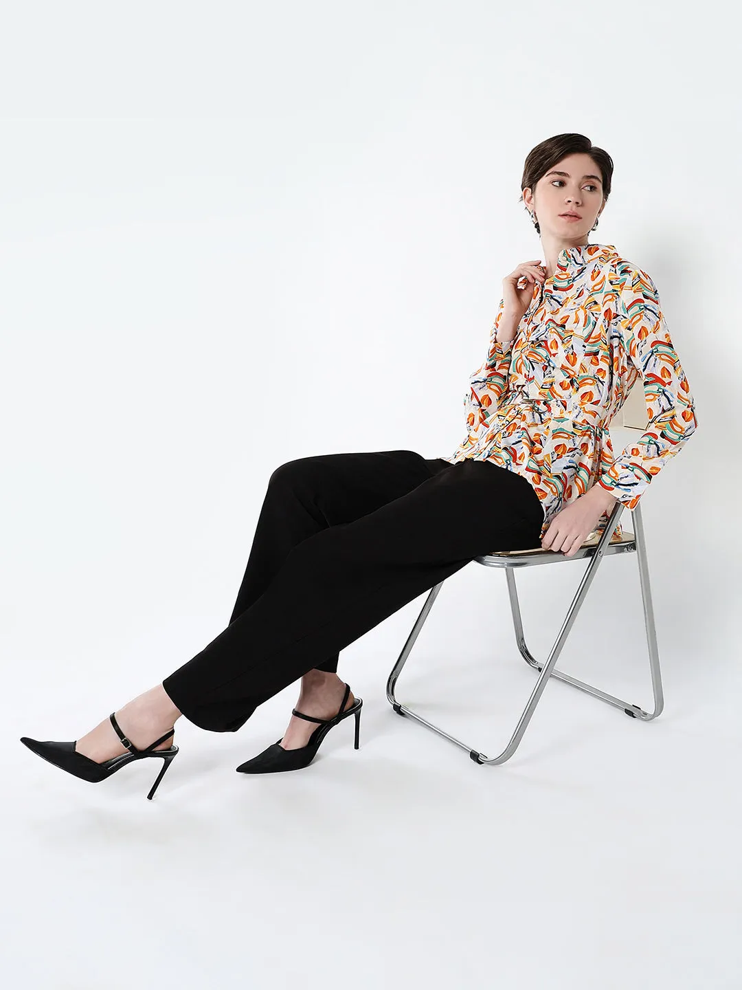 Women Orange Abstract Printed Shirt Style Top