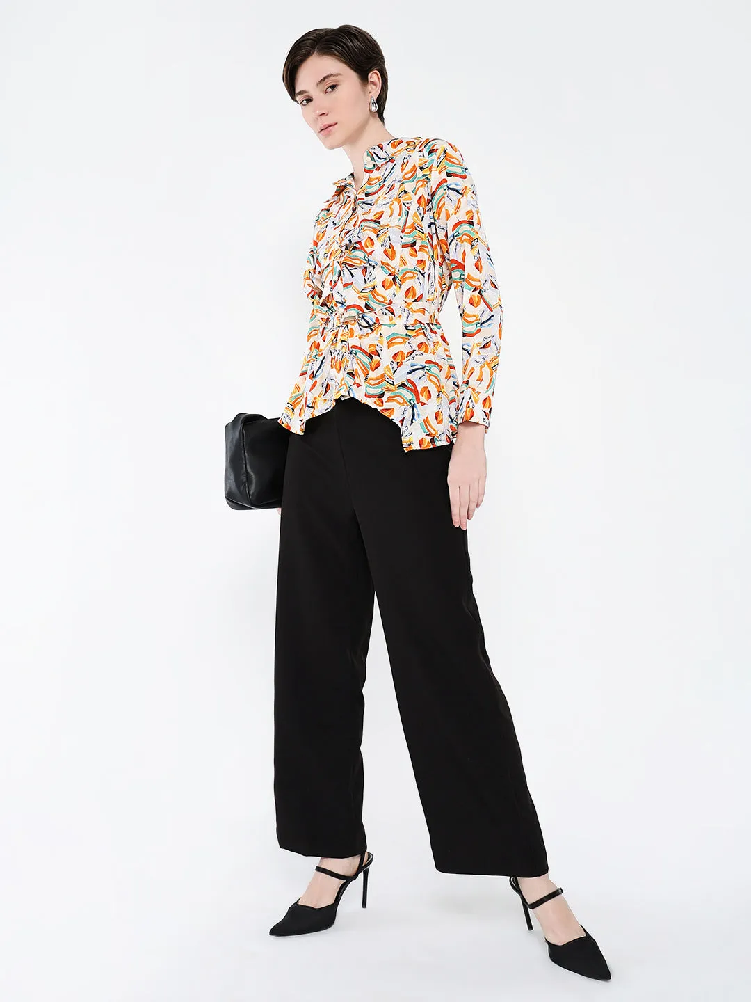 Women Orange Abstract Printed Shirt Style Top